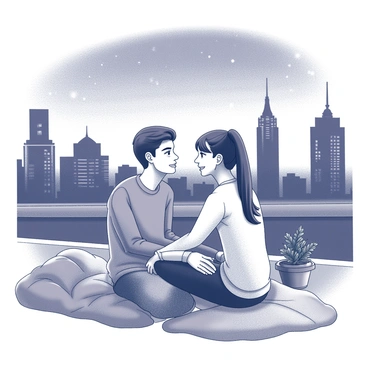 Two friends are sitting close together on a city rooftop at night. They are facing each other, making direct eye contact, their expressions conveying a sense of connection. The background features a skyline with distinctive buildings silhouetted against a starry sky. The rooftop is adorned with small potted plants and a few blankets draped around them, adding a cozy atmosphere. One friend has short hair, while the other has long hair pulled back into a ponytail. They are both casually dressed. The overall scene captures a moment of friendship and intimacy in an urban setting.