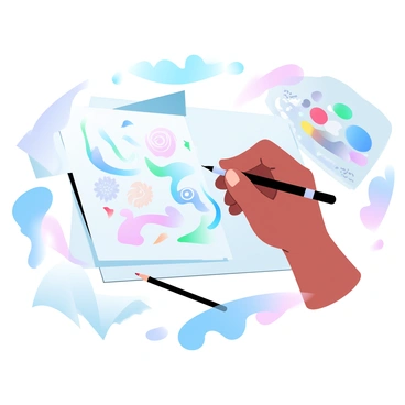 A hand is holding a fine-tip pen, carefully adding intricate details to an illustration exam piece placed on a drawing board. The illustration features a series of colorful, swirling patterns and geometric shapes. Nearby, a palette with a range of vibrant colors and brushes is visible. The workspace is organized, with a few crumpled papers and a pencil lying on the side. A bright light source illuminates the scene, highlighting the vibrant colors of the illustration.
