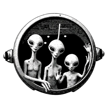 A group of four aliens is waving hello from the open hatch of a sleek, futuristic spaceship. Each alien has a distinct appearance: one is tall and slender with large round eyes, another is short and round with a playful expression, the third has long arms and a vibrant texture, while the fourth has a unique antennae on its head. The interior of the spaceship is visible, revealing various control panels and blinking lights behind them. The scene conveys a sense of friendliness and curiosity as the aliens greet viewers.