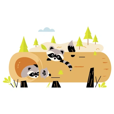 A family of raccoons is nestled inside a hollow log, with three raccoons peeking out. One raccoon has distinctive black markings around its eyes, while another has a bushy tail. Surrounding the log, stumps of cut trees and a few scattered leaves indicate the deforested area. The background shows a sparse landscape with a few remaining trees and patches of exposed earth. The sky is clear and bright above, adding contrast to the scene.