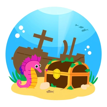 A colorful seahorse with intricate patterns and vibrant hues is positioned protectively in front of a weathered treasure chest. The chest is partly buried in sand, adorned with barnacles and seaweed, hinting at its age. The sunken ship is visible in the background, with broken wooden beams and shattered planks, enveloped in soft bubbles and surrounded by schools of small fish. Rays of sunlight filter through the water, illuminating the scene and creating a magical glow around the treasure.
