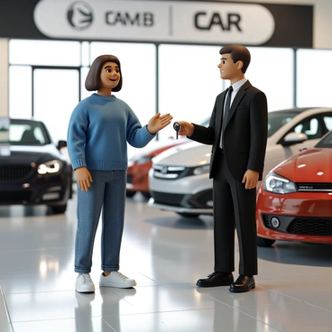 A smiling customer with medium-length brown hair, wearing a blue sweater and jeans, stands in a brightly lit car dealership. The customer is holding out their hand towards a dealership representative. The representative, dressed in a formal black suit, is handing over a set of shiny car keys. The background features various cars displayed in the dealership, showcasing their polished exteriors and vibrant colors. A large banner with the dealership's logo hangs in the background, adding to the ambiance of the scene.
