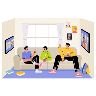 A college dorm room with light beige walls and a wooden floor. There is a large window with light curtains letting in natural light. In the center of the room, a comfortable grey couch is occupied by three friends. One friend, wearing a blue t-shirt, is sitting cross-legged and leaning forward, engaged in the show. Another friend, dressed in a green hoodie, is reclining back with popcorn in hand, laughing. The third friend, in a yellow sweatshirt, is sitting on the armrest of the couch, pointing excitedly at the TV screen. A flat-screen TV mounted on the wall displays vibrant scenes from the series they are watching. Scattered around the room are textbooks, a backpack, and a small table with snacks. Posters of various movies and TV shows line the walls, adding character to the space.