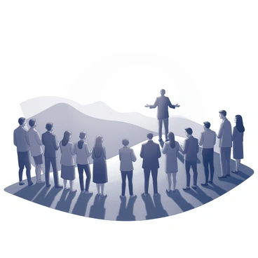 A congregation of diverse individuals is gathered on a hilltop, standing in a semi-circle facing a preacher. The preacher is positioned at the front, raised slightly above the others, with arms outstretched as if delivering a sermon. In the background, the sun is rising, casting long shadows and creating a silhouette effect of the preacher and the congregation. The scene captures a sense of unity and anticipation among the attendees, who are dressed in various styles of clothing suitable for a morning gathering. The landscape features gentle rolling hills and a clear sky, enhancing the focus on the gathering.