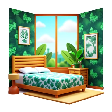 A chambre featuring tropical prints on the walls and decor. The furniture is made of bamboo, showcasing a natural and earthy aesthetic. Large windows provide a view of lush greenery outside, with various plants and trees visible. Bright sunlight filters in, enhancing the vibrant colors of the tropical prints and creating a warm ambiance.