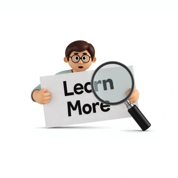 A magnifying glass enlarging text that says 'Learn More' with a curious character peering through