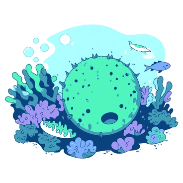 A teal pufferfish is inflating in defense, showcasing its spiky texture and round shape. Surrounding the pufferfish are various smaller fish, each displaying unique patterns and colors, swimming cautiously as they observe. The coral habitat is lush, filled with intricate formations of coral that provide a vibrant backdrop. The scene is lively, with bubbles rising from the ocean floor, adding to the underwater ambiance.