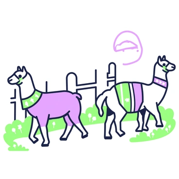 A group of alpacas is walking along a ranch trail. Each alpaca is wearing a unique halter with various designs. The first alpaca has a green halter with small patterns, while the second has a purple halter featuring stars. The third alpaca displays a striped halter that combines green and purple colors. The trail is bordered by grass and a few scattered wildflowers, with wooden fencing visible in the background. The sky above is clear, and the sun casts soft shadows along the path.