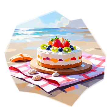 A colorful torte with layers of vibrant fruits and whipped cream is placed elegantly on a wooden serving board. The dessert features a bright red strawberry topping, slices of kiwi, and blueberries artfully arranged on top. A sunny beach is visible in the background, with soft golden sand and gentle waves lapping at the shore. A checkered blanket in red and white spreads out beneath the torte, adorned with a few scattered seashells and beach towels. The scene captures the essence of a joyful picnic atmosphere with the bright sun shining overhead.