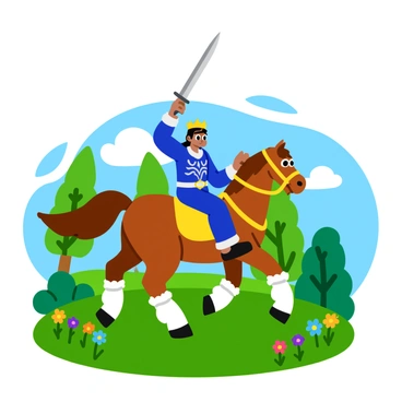 A charming fairy tale prince with a golden crown is holding a sparkling sword high above his head. He is dressed in a royal blue tunic adorned with intricate silver patterns. The prince is riding a noble steed, a majestic chestnut horse with a flowing mane and tail. The horse's strong legs are galloping across a vibrant green meadow filled with colorful wildflowers. In the background, there are tall, elegant trees with bright leaves and a clear blue sky. A few fluffy white clouds drift lazily overhead.