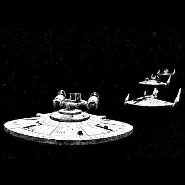 The Millennium Falcon is flying at the forefront of a formation of smaller ships in deep space. The Falcon is a large, rugged starship with a distinctive saucer shape and a single dish antenna on top. Behind it, several smaller ships are arranged in a precise formation, following closely in a V-shape. The backdrop showcases a vast expanse of stars twinkling in the darkness of space. The ships are all oriented in the same direction, creating a sense of motion as they journey through the cosmos.