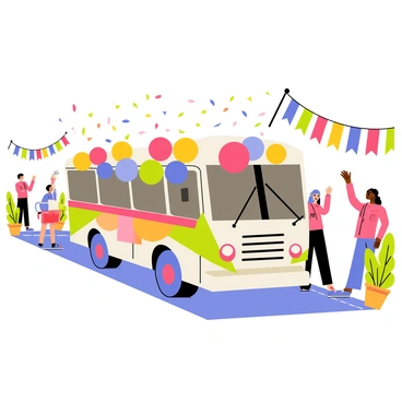A large bus covered in a variety of colorful balloons, including red, blue, yellow, and green, is driving down a parade route. The bus has vibrant decorations and a cheerful design. Along the sides of the street, spectators wave small flags and cheer, creating a festive atmosphere. Colorful confetti floats through the air, adding to the celebratory mood of the scene. Brightly colored banners hang from nearby buildings, further enhancing the joyous environment of the parade.
