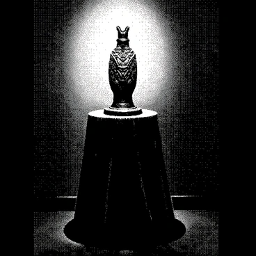 A cursed object is positioned on a velvet pedestal. The object has intricate carvings and a mysterious aura surrounding it, appearing to glow ominously. The pedestal is richly textured, highlighting the deep folds of the velvet fabric. The room is dimly lit, with shadows cast across the walls, creating a sense of foreboding.