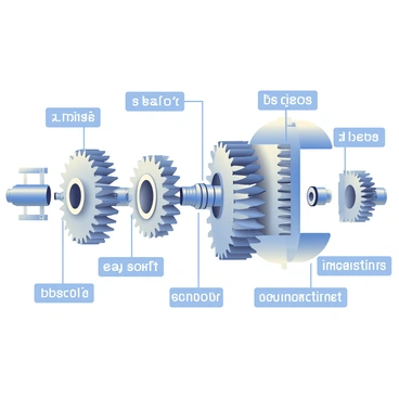 An exploded view of a gearbox is displayed prominently in the center. The gearbox is composed of various metallic components, including several interlocking gears with intricate teeth. Each gear is shown in a different position, some at angles, to emphasize their separation. Several shafts are also included, extending from the gearbox, with their ends visible to demonstrate the connection points. Each part is labeled with clear, bold text in quotes, such as "gear," "shaft," and "housing." The background is subtle to keep the focus on the detailed mechanical parts.