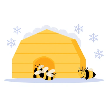 A group of bees nestled inside a hexagonal honeycomb structure. The honeycomb is detailed with rows of golden cells, some filled with honey. Outside the hive, large white snowflakes fall gently, covering the ground in a thick layer of soft snow. The bees appear snug and warm, clustering together to maintain warmth, with a few peeking out of the entrance of the hive. The scene captures the contrast between the snowy exterior and the warmth within the hive.