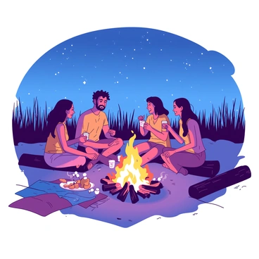 A group of friends is sitting around a campfire in a field at night. The fire is providing a warm orange glow, illuminating their faces. They are seated on logs and blankets, sharing stories and laughter. In the background, tall grass sways gently in the night breeze. The sky above is filled with twinkling stars, creating a beautiful contrast. Some friends are roasting marshmallows on sticks while others are holding cups, enjoying their drinks. The scene captures the camaraderie and joy of the moment.