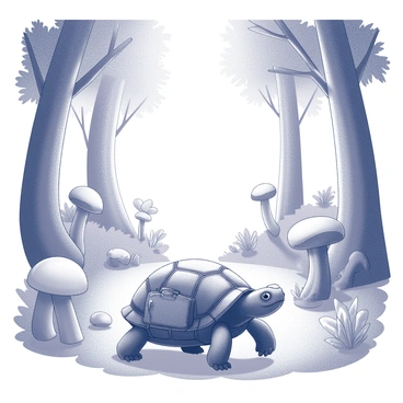 A turtle moving slowly through a forest filled with large, whimsical trees. The turtle has a small, detailed backpack secured to its shell, with straps attached around its body. Surrounding the turtle are oversized mushrooms and plants with intricate leaves. Sunlight filters through the tree canopy above, casting soft shadows on the forest floor. The atmosphere is vibrant with various shapes of flora, and the turtle appears curious as it explores its magical surroundings.