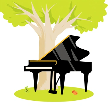A grand piano with a glossy black finish is positioned beneath a large oak tree. The tree has a thick trunk and a wide canopy of green leaves. Sunlight filters through the leaves, creating dappled patterns of light and shadow on the piano's surface. The grass beneath the piano is a vibrant green, and a few acorns can be seen scattered nearby. The scene is tranquil, with the bright sunlight illuminating the piano and the surrounding area.