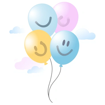 Balloons shaped like smiling faces floating up into the sky