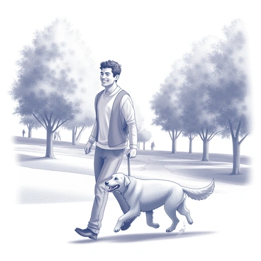 A cheerful man is walking with a golden retriever on a leash in a park. He has a broad smile, wearing casual clothing, and his posture suggests he is enjoying the moment. The golden retriever is playfully trotting alongside him, its tail wagging happily. In the background, there are trees with dense foliage, and a pathway lined with grass. A few other people are visible in the distance, creating a lively park atmosphere.