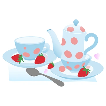 A delicate tea setup features two "strawberry-printed teacups" resting on matching "strawberry-printed saucers." The teacups are positioned on a crisp white tablecloth, with a small "teapot" adorned with a similar strawberry pattern placed nearby. A few "fresh strawberries" are scattered artistically around the cups, adding a pop of natural color. In the background, a "vintage spoon" is elegantly laid next to the teacups, enhancing the refined presentation of the scene.