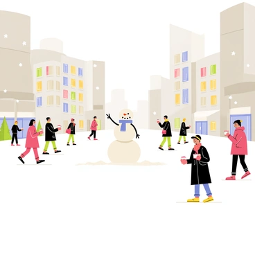 A large city plaza covered in a thick layer of white snow. Tall buildings with colorful lights line the edges of the plaza. People dressed warmly in heavy coats, scarves, and mittens are walking briskly across the snow. Some individuals are carrying bags, while others are holding cups of hot beverages. Snowflakes are gently falling from the gray sky, adding to the winter atmosphere. In the center of the plaza, there is a decorative snowman with a carrot nose and a red scarf.
