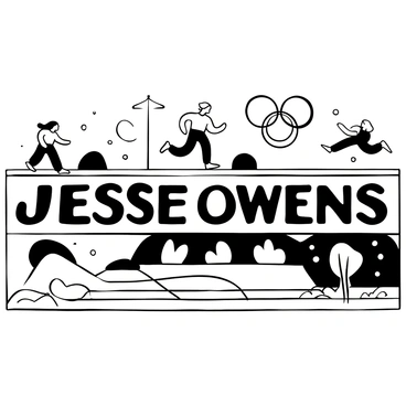 A large mural featuring the words "Jesse Owens" prominently displayed in bold lettering. The mural depicts various athletic scenes, including a runner sprinting on a track, a high jumper in mid-air, and a long jumper taking off. In the background, a stylized representation of the Olympic rings is included. The design features abstract shapes and patterns that evoke movement and energy surrounding the athlete. The overall composition captures the essence of determination and triumph.