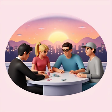 A rooftop poker table set against a vibrant sunset sky, with shades of orange, pink, and purple blending together. City lights begin to twinkle in the background, showcasing the skyline. Around the table, four players display their best poker faces. The first player, a man with dark hair wearing a black blazer, holds his cards close to his chest. The second player, a woman with blonde hair tied in a ponytail, wears a red dress and leans forward, her eyes focused on the game. The third player, a middle-aged man with glasses, sports a blue shirt and has a thoughtful expression. The last player, a young man with a baseball cap and a grey sweatshirt, sits back with a slight smirk. Chips and cards are spread across the table, adding to the competitive atmosphere.