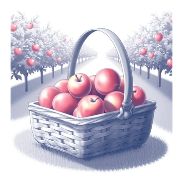 A woven basket filled to the brim with shiny "red apples". The basket has a rounded shape and features a detailed pattern of weaving. Surrounding the basket, there are rows of apple trees, their branches heavy with fruit. The grass beneath the basket is lush and well-kept, creating a vibrant setting. Sunlight filters through the leaves of the trees, casting delicate shadows on the ground. The overall scene conveys a sense of abundance and harvest in an orchard.