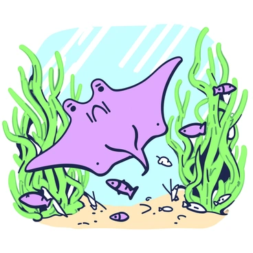 A manta ray is gliding gracefully through a dense kelp forest. The kelp is tall and sways gently with the movement of the water, creating an intricate backdrop. Sunlight filters down from the surface, casting soft patterns on the sandy ocean floor below. The manta ray, with its wide wingspan, is positioned mid-swim, its body elegantly arched. Surrounding the manta ray, various small fish dart in and out of the kelp, adding life to the scene. The underwater environment is rich with detail and movement, showcasing the harmony of marine life.