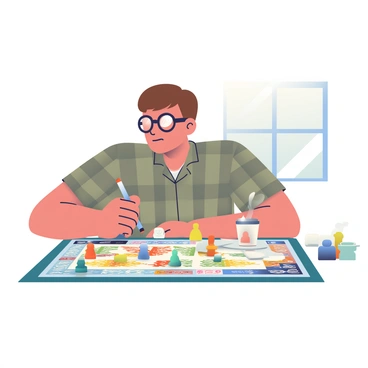 A person with short brown hair and glasses is sitting at a wooden table, deep in thought as they strategize their next move in a board game. The board is colorful, featuring intricate designs and various pieces in vibrant colors scattered across it. The person is wearing a plaid shirt and has a pencil in hand, jotting down notes on a notepad beside the board. A cup of coffee sits on the table, steam rising gently from it, and a few other game pieces are organized in neat rows nearby. Natural light from a nearby window illuminates the scene, highlighting the focus and intensity on the person's face.