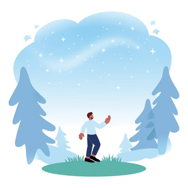 A man named Adam is standing on a grassy hill, looking up at a starry night sky. The sky is filled with bright stars, and numerous constellations are clearly defined within the vast expanse. The Milky Way is visible, creating a soft glow across the dark backdrop. Surrounding Adam are silhouettes of tall trees gently swaying in the night breeze. The scene is illuminated by the soft light of the stars, creating a serene atmosphere.