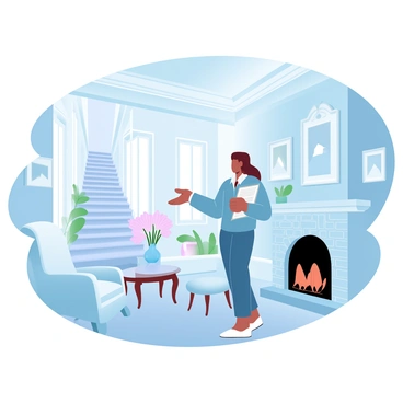 A real estate agent is standing in a large, elegantly decorated living room of a historic home. The room features high ceilings with intricate crown molding and large windows that allow soft light to fill the space. The agent is holding a brochure and gesturing towards a beautiful fireplace made of ornate brick, surrounded by vintage furniture, including a plush armchair and a wooden coffee table. The walls are adorned with antique picture frames showcasing artwork. A vase with fresh flowers sits on the table, adding a pop of color to the room. In the background, a staircase with a polished wooden banister leads to the upper levels of the home.