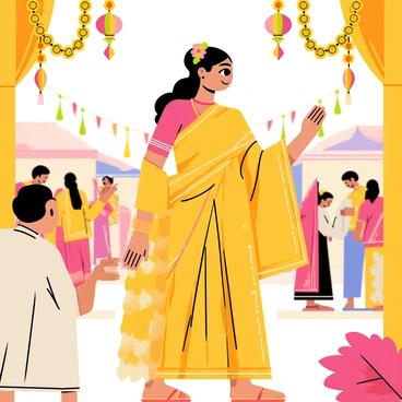 An Indian lady dressed in a vibrant saree with intricate patterns is participating in a traditional village ceremony. She has her hair beautifully styled and adorned with fresh flowers. Around her, there are colorful decorations such as hanging garlands made of marigolds and colorful lanterns. The background features a festive atmosphere with villagers engaged in various activities, wearing traditional attire. The scene is lively and filled with an array of bright colors.