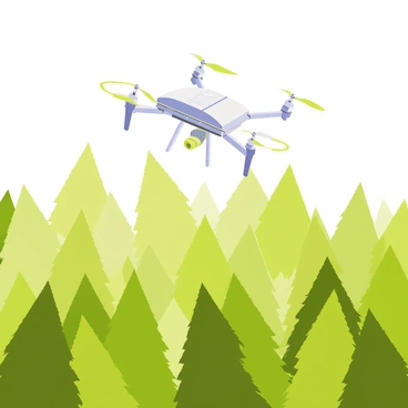 A drone with sleek, metallic body and four propellers is soaring through the sky. The drone features solar panels attached to its wings, gleaming under the sunlight. Below, a lush green forest stretches out, filled with densely packed trees of various shades of green. Rays of sunlight filter through the leaves, creating a dappled effect on the forest floor. The scene captures a sense of motion as the drone glides effortlessly over the treetops.
