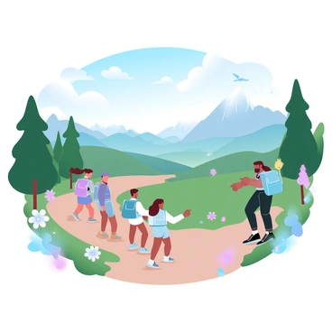 A group of four friends is walking along a winding hiking trail surrounded by lush greenery and vibrant wildflowers. They are dressed in colorful outdoor gear, carrying backpacks and water bottles. In the distance, towering mountains are visible under a clear blue sky. The friends are pointing towards the horizon, as a large panoramic view of rolling hills and valleys stretches before them. Sunlight filters through the trees, creating dappled light on the ground. A few birds are soaring high above the trail.