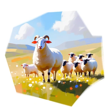 A lead sheep guiding its flock across a rolling pasture under a clear sky