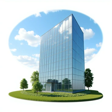 A modern office building made primarily of glass, showcasing a sleek and reflective facade. The structure features large, expansive windows that create an open and airy appearance. The building has a unique architectural design, including angular shapes and multiple levels. Below the building, there is a well-maintained green space with patches of grass and a few trees. Above, a bright blue sky with scattered fluffy white clouds creates a vibrant atmosphere. Sunlight reflects off the glass surfaces, enhancing the building's modern aesthetic.