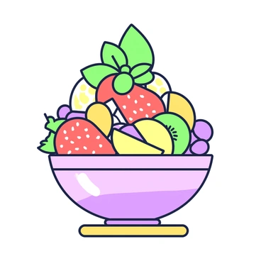 A bowl filled with various fruits is presented. The fruits include slices of red strawberries, yellow bananas, orange sections, green kiwi, and purple grapes. Each fruit is cut into bite-sized pieces, creating a vibrant mix. Fresh basil leaves are scattered on top, adding a contrasting element to the arrangement. The bowl is placed on a light-colored wooden table, enhancing the freshness of the fruit salad.