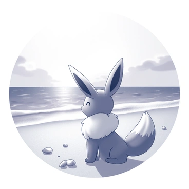 An "Eevee" is sitting on a sandy beach, gazing towards the horizon where the ocean meets the sky. The scene captures the gentle waves lapping at the shore, creating a tranquil atmosphere. The sun is setting, casting a soft light that reflects on the water's surface. The sky is filled with a blend of fading light hues, creating a serene backdrop. The "Eevee" has its ears perked up, and its fur appears slightly ruffled by a gentle breeze. Small seashells are scattered across the sand around it, adding to the peaceful beach setting.