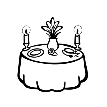 A small round table set for dinner, covered with a white tablecloth and elegantly arranged with a vase of flowers. Flickering candles are placed in decorative holders around the table, casting soft shadows. Two neatly folded napkins sit beside each plate, and a single rose is placed at the center of the table. A gentle glow surrounds the scene, creating a warm and inviting atmosphere.