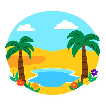 A vibrant oasis in the desert featuring a clear, blue pool of water at its center. The oasis is surrounded by lush green palm trees that provide shade. Colorful wildflowers in shades of red, yellow, and purple bloom around the edges of the oasis, contrasting against the golden sand of the desert. The sky is bright blue with a few fluffy white clouds scattered across it. A gentle breeze causes the flowers to sway slightly, adding a sense of movement to the scene.