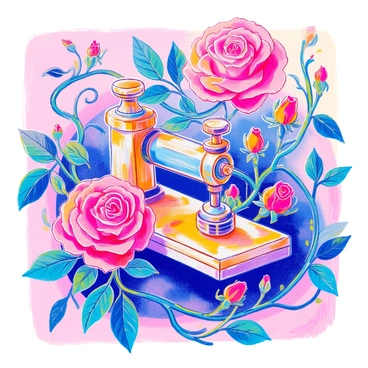 A tattoo machine is prominently displayed at the center, its metallic components reflecting light. It is intricately intertwined with blooming roses, their petals in vibrant shades of red and pink, and lush green vines that spiral around the machine. The leaves of the vines are detailed, showcasing various shades of green, adding depth to the composition. Some rose buds are partially open, suggesting the beauty of growth and artistry. The background is softly blurred to emphasize the vivid details of the tattoo machine and the flowers.