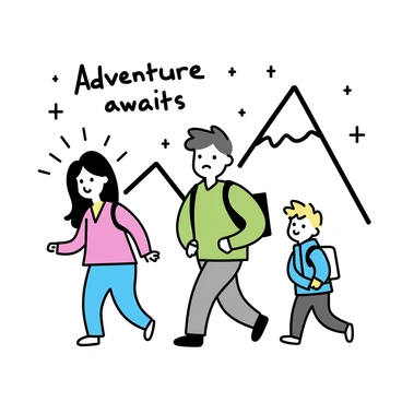 A group of three characters trekking through snowy mountain peaks. The first character, a young woman with long black hair, is wearing a red coat and blue snow pants. She is leading the way, looking determined. The second character, a tall man with short brown hair, is following closely behind, wearing a green jacket and gray pants, carrying a backpack. The third character, a boy with spiky blonde hair, is slightly behind the others, dressed in a blue jacket and yellow gloves. Snowy mountain peaks rise majestically in the background, with patches of snowflakes falling gently. "Adventure awaits" is written in stylized lettering above them.