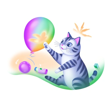 A curious cat playfully touching a charged balloon, with small static sparks visible