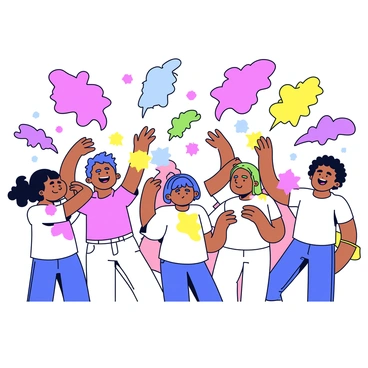 A group of people is joyfully throwing vibrant colored powders at each other in a lively scene. The individuals are wearing white clothes that are becoming stained with bright shades of pink, blue, green, and yellow. Some of them are laughing and smiling, while others are caught mid-action, capturing the excitement of the moment. The atmosphere is filled with colorful clouds of powder in the air, creating a festive and cheerful ambiance. The background has hints of greenery, enhancing the lively celebration.