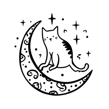 A tattoo design featuring a cat with an arched back, sitting atop a circular shape that represents a crescent moon. Surrounding the cat, there are intricate patterns resembling a starry night sky, filled with various-sized stars scattered throughout. The moon has a detailed texture, and the cat's body blends into the celestial elements, creating a harmonious integration of both the feline and the cosmic motifs.