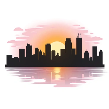 A city skyline with tall buildings, including skyscrapers and architectural structures, outlined in black against a vibrant sunset. The sky is filled with a gradient of colors, transitioning from deep orange to bright pink, with wispy clouds scattered throughout. In the foreground, calm water reflects the brilliant colors of the sunset and the silhouettes of the buildings, creating a mirrored effect. The scene captures the tranquility of dusk as the sun sets behind the horizon.