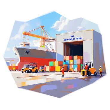 A freight terminal bustling with activity as a large cargo ship docked at the port. Containers of various colors and sizes are stacked on the dock, ready for unloading. Workers in safety vests and hard hats are moving around, some using forklifts to transport goods, while others are coordinating the unloading process. A crane looms overhead, poised to lift a container off the ship. In the background, the terminal building features large windows and signage indicating the Delivered At Terminal (DAT) incoterm. The sky is clear, and the sun casts defined shadows on the scene.