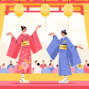 Two female dancers in colorful traditional kimonos are performing a Japanese dance on a wooden stage. One dancer is wearing a bright red kimono with intricate floral patterns, while the other is dressed in a blue kimono adorned with gold accents. They are gracefully positioned in mid-motion, with their arms extended elegantly. The background features a beautifully decorated stage with paper lanterns hanging overhead and wooden beams supporting the structure. The atmosphere is vibrant with a captivated audience in soft focus, watching the performance.